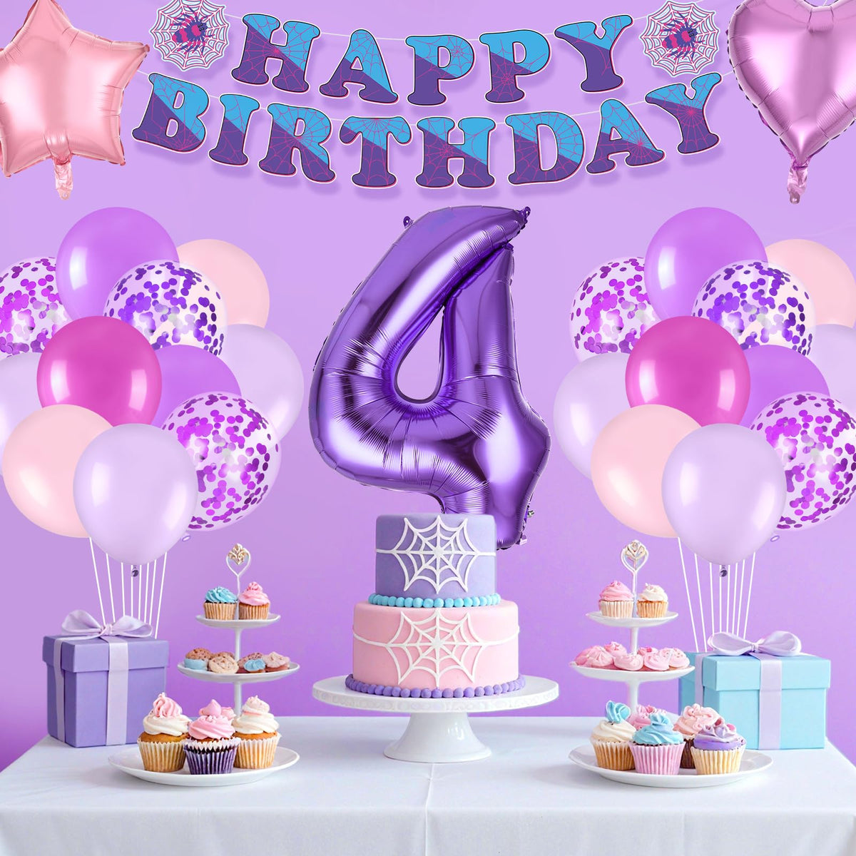 37pcs Ghost Spider 4th Birthday Decorations-Purple Number 4 Balloon,Happy Birthday Banner,Pink/Purple Balloons,Ghost Spider Theme Birthday Decor for 4 Year Old Girl Friends HB Party