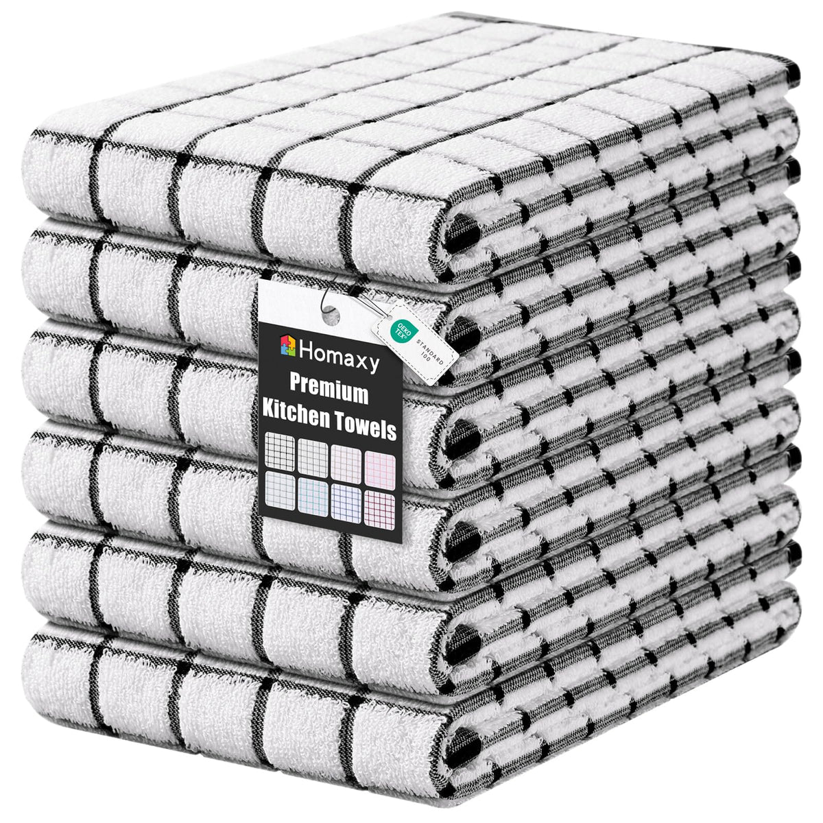 Homaxy Premium Kitchen Towels(16”x 28”, 6 Pack), Large Ring Spun Cotton Dish Towels, Super Absorbent Soft Terry Kitchen Hand Towels, Check Design Tea Towel Set with Hanging Loop, Black