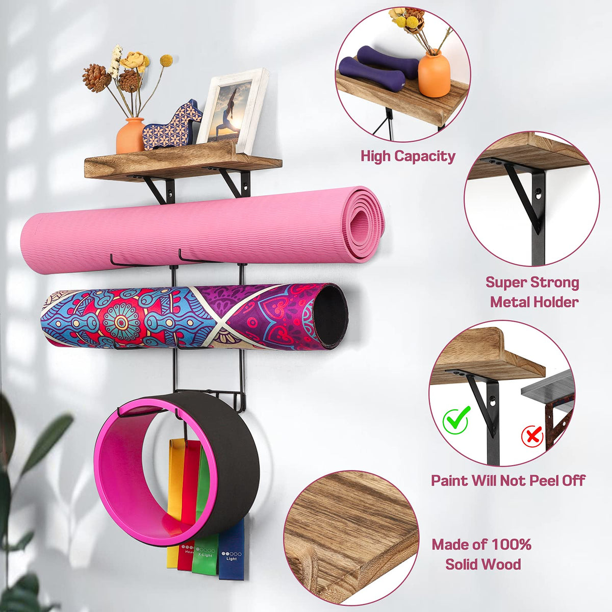 2 PACK Yoga Mat Holder Wall Mount Yoga Mat Storage Shelf Rack Home Gym Accessories with Wood Floating Shelves and 4 Hooks for Hanging Foam Roller and Resistance Bands Home Gym Carbonized Black