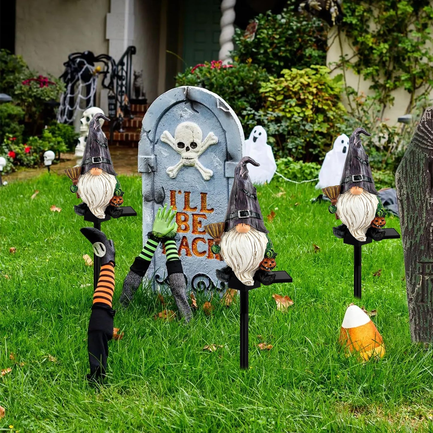 LAIAMER Halloween Gnome Garden Lights Outdoor Solar Halloween Pathway lights, Fall Yard Stakes Fall Decorations Gnome Statue with Bat&Pumpkin, Gnomes Gifts Fairy Garden Lights for Outside Lawn(Purple)