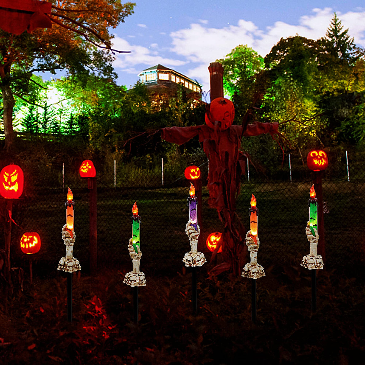 WATERGLIDE Halloween Candle Light Stakes, 5 Pack Skeleton Hands Hold Lighted Candle Pathway Makers, Waterproof Battery Operated with Timer, Light Up Figurine for Indoor Outdoor Holiday Party