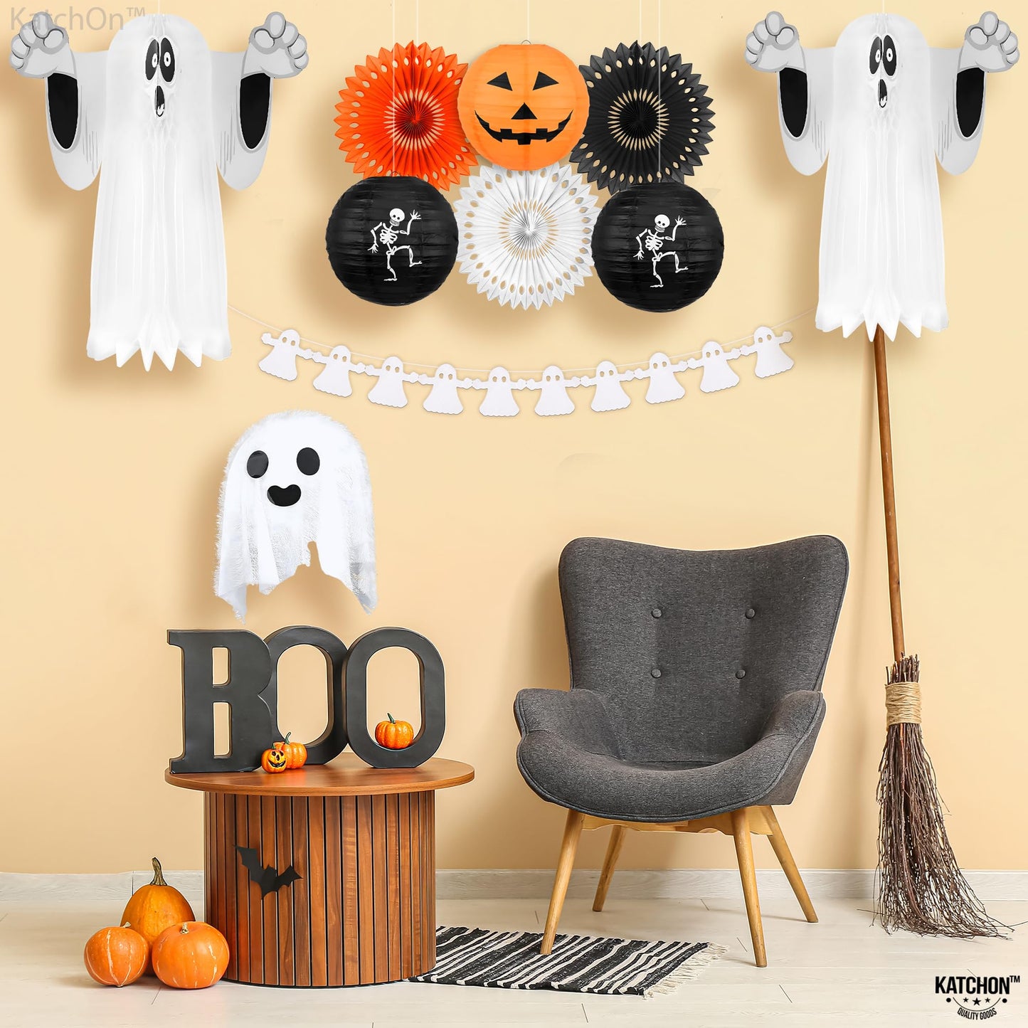 KatchOn, Hanging Ghosts Halloween Decor - Pack of 10 | Xtralarge Indoor Halloween Hanging Decorations, Ghost Garland Decorations, Paper Lanterns, Hanging Paper Fans | Spooky Hanging Decorations
