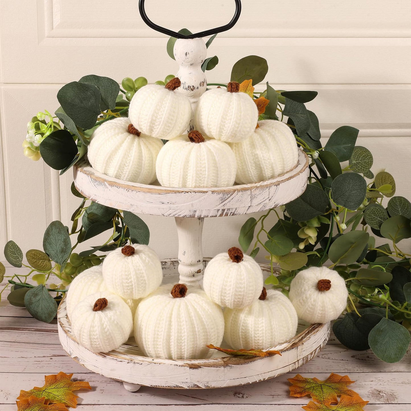 12-Pack Fall Crochet Pumpkins Handmade Fall Decor Set with 2.36, 3.15, 4inch Sizes Knit Pumpkins Farmhouse Thanksgiving Table Centerpiece, Halloween Decorations (White)