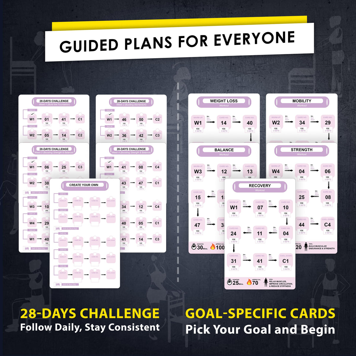 Flexies Chair Yoga Workout Cards – 58 Seated Exercise Cards for Beginners & Seniors | 28 Day Chair Workout Chart for Weight Loss, Strength, Flexibility & Balance