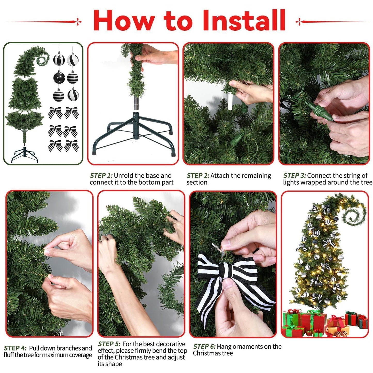 32Pcs 6 FT Christmas Tree with Light and Nightmare Ornament Ball Before Bendable Whimsical Christmas Tree with Black White Bow Ball 8 Modes String Light Crooked Bent Top for Home Decor (Green)