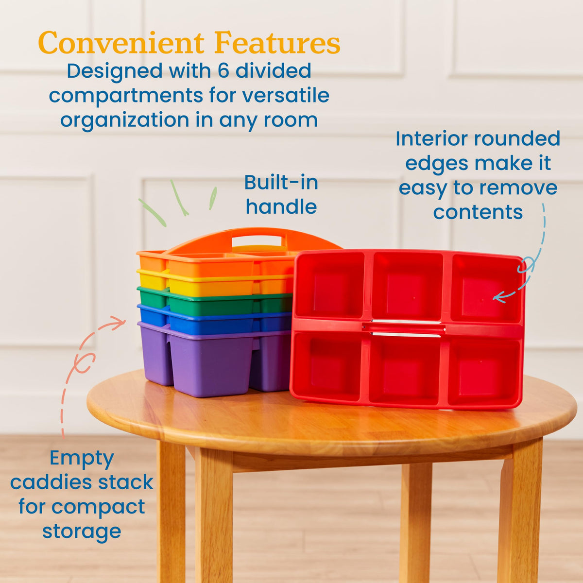 ECR4Kids 6-Compartment Large Plastic Caddy, Multipurpose Organization, Primary, 6-Pack