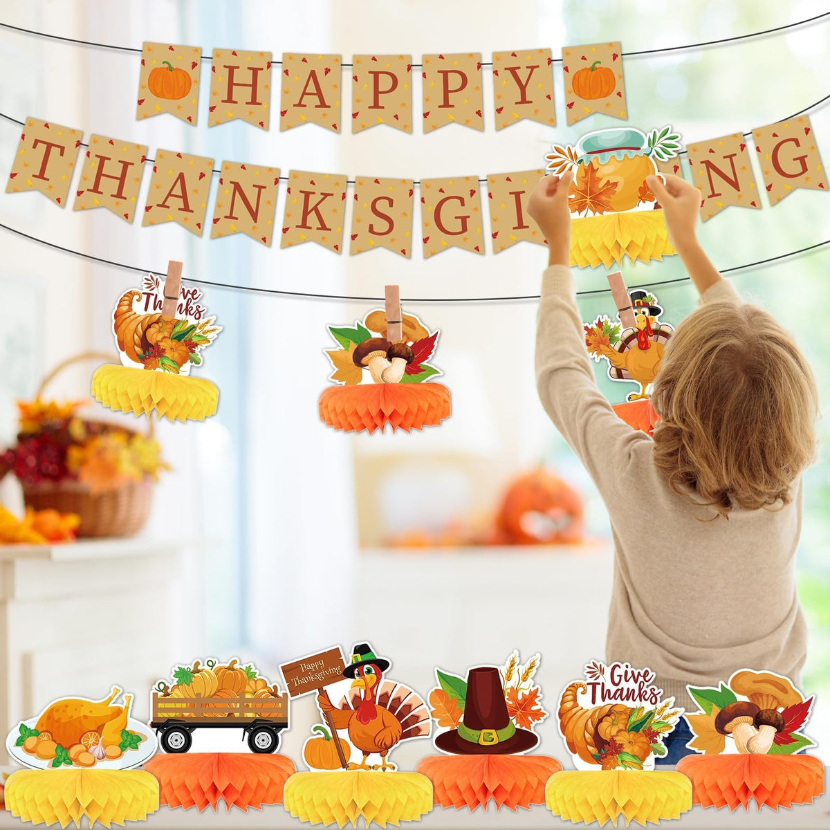 10pcs Thanksgiving Table Decorations Thanksgiving Honeycomb Centerpiece Party Decoration Thanksgiving Banner Set Fall Table Decor Turkey Pumpkin Truck for Autumn Theme Thanksgiving Party
