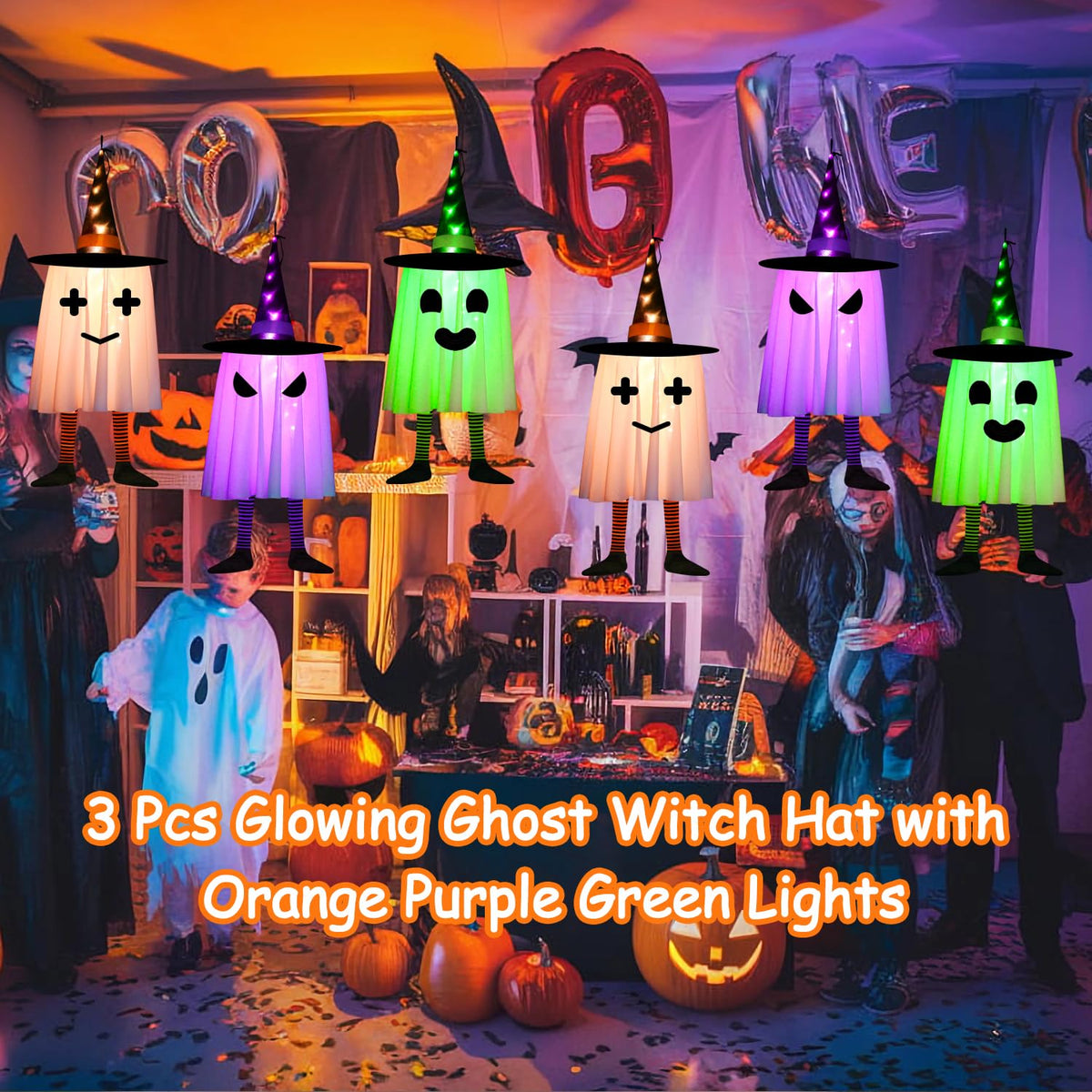 3 Pack Halloween Hanging Ghosts Halloween Decorations Outdoor, Lighted Glowing Ghosts Witch Hat with Orange Purple Green Lights, Light up Ghost for Home Yard Patio Tree