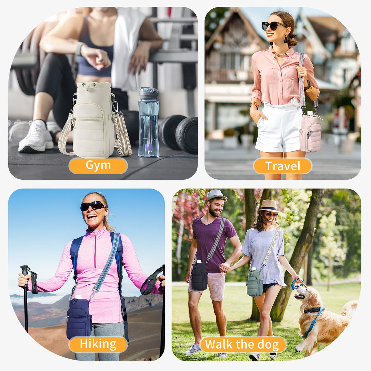 Lexiyat Water Bottle Bag 40 oz Crossbody Water Bottle Holder for Walking Hiking Insulated Compartment Carrier Purse with Adjustable Strap Black