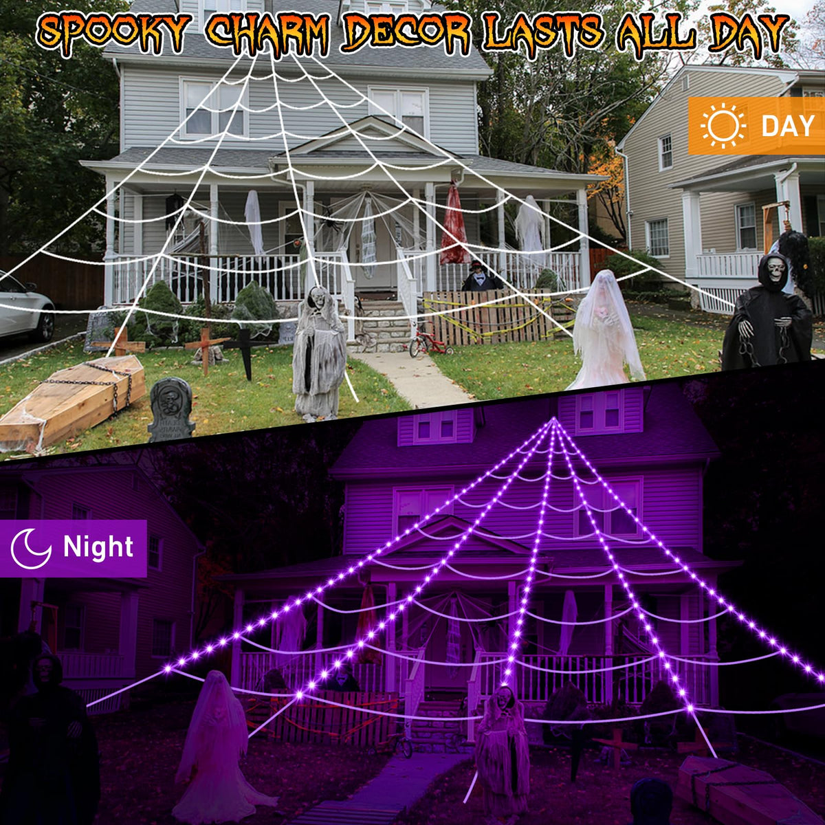 Halloween Spider Web Lights 250 LED: 19.68Ft Outdoor Web Halloween Decorations with Purple Lights - Halloweens Decor Light with 8 Modes Waterproof & Timer for Outdoor Indoor Yard Haunted House