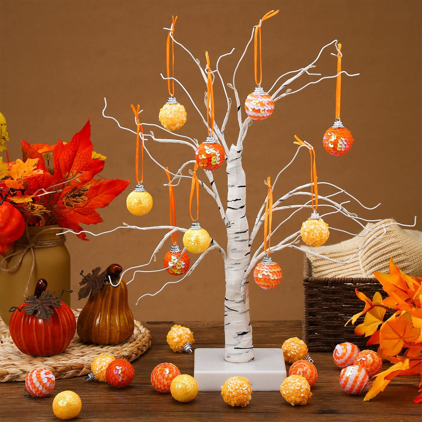 Sotiff 24 PC Mini Tree Ornaments Pumpkin Hanging Christmas Ornaments Glitter Foam Ball Fabric Wrapped Small Fake Pumpkins Mini Ball for Autumn Home Christmas Decors (Glitter)