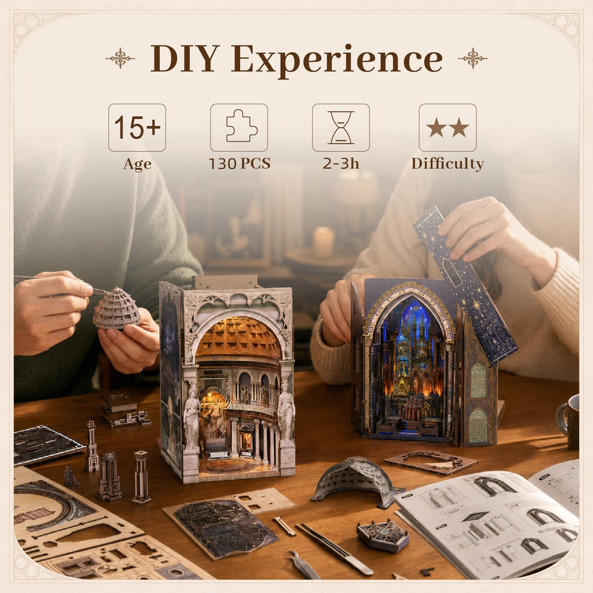 MiniCity 2 Pack Book Nook Kit - DIY Miniature House Kit for Adults, Teens, and Kids, 3D Wooden Puzzles with LED Light, Dollhouse Craft Kit for Family and Friends, Great Gift Idea