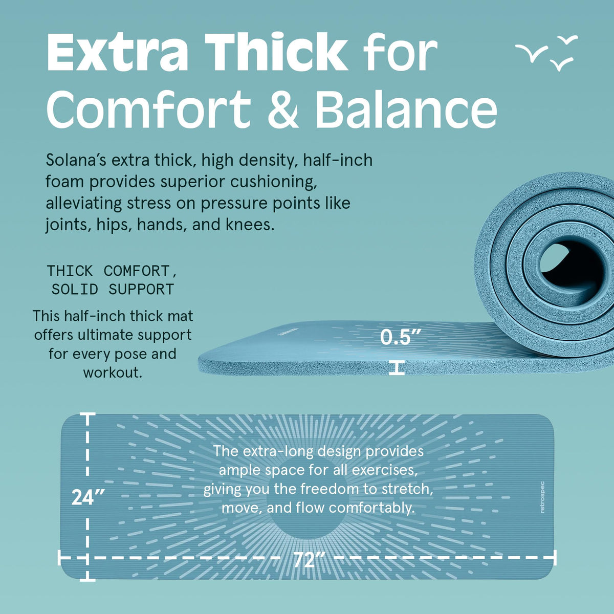Retrospec Solana Yoga Mat 1/2" Thick w/Nylon Strap for Men & Women - Non Slip Excercise Mat for Yoga, Pilates, Stretching, Floor & Fitness Workouts
