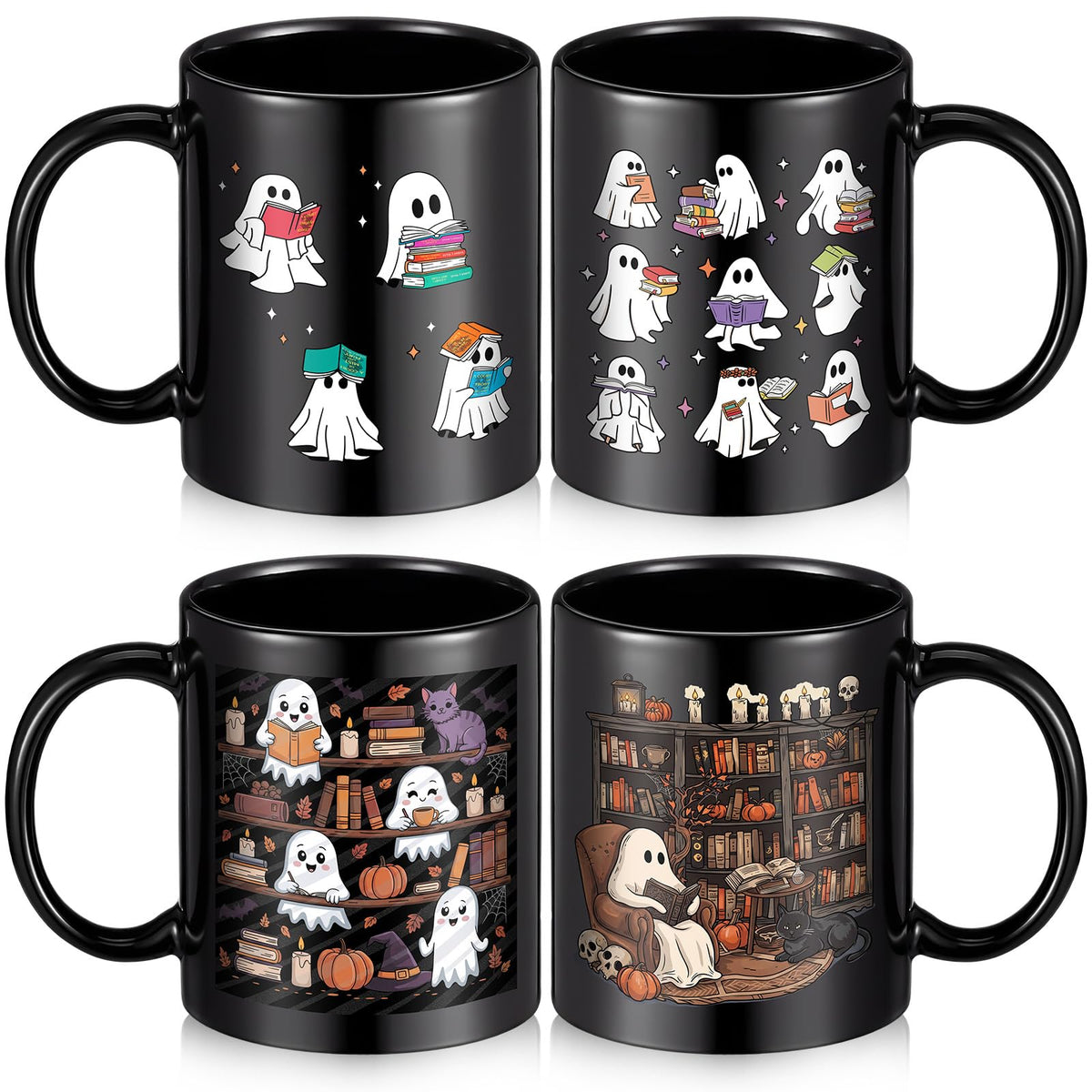 Potchen 4 Pack 12 oz Halloween Coffee Mug Book Lover Coffee Mugs Dishwasher Microwave Safe Porcelain Bookworm Cups Bookish Gifts for Man Women(Ghost Style)