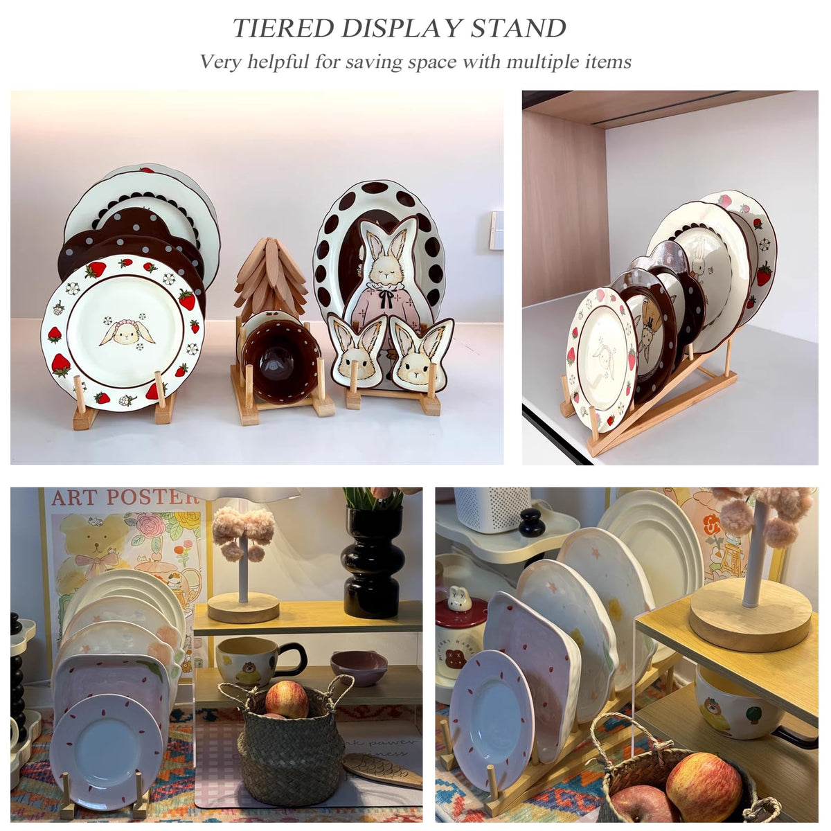 SRYESA 2 Pack Plate Stands For Display,Wooden Plate Holders for Displaying,5-Tier Craft Show Display Stands For Tabletop Book, Artwork, Photo, Puzzle, Magazine and Platter