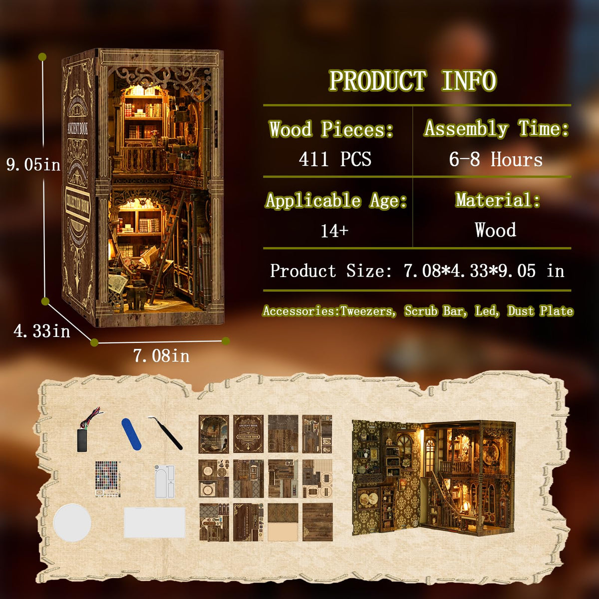 Book Nook Kit - DIY Miniature House Kit for Adults and Teens, 3D Wooden Puzzle Book Nook Craft Bookshelf Decor, Gifts for Birthday Father's Day, Ancient Books Collection Room