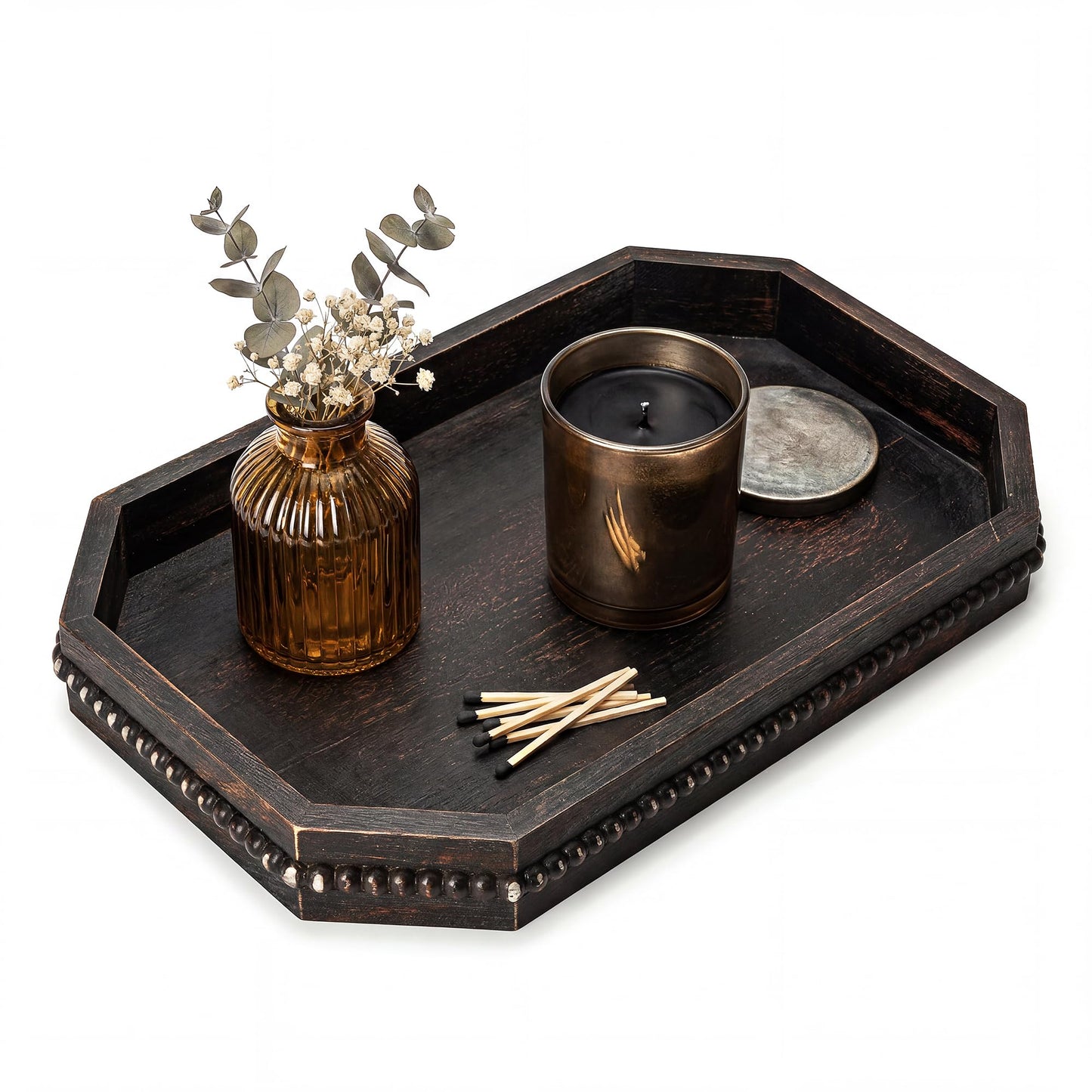 EOSAHR Rustic Decorative Tray with Beaded Edge for Room Decor - Retro Wooden Serving Tray for Coffee Table - Ideal for Makeup Vanity & Bedroom Display Room Decor Aesthetic(Distressed Black)