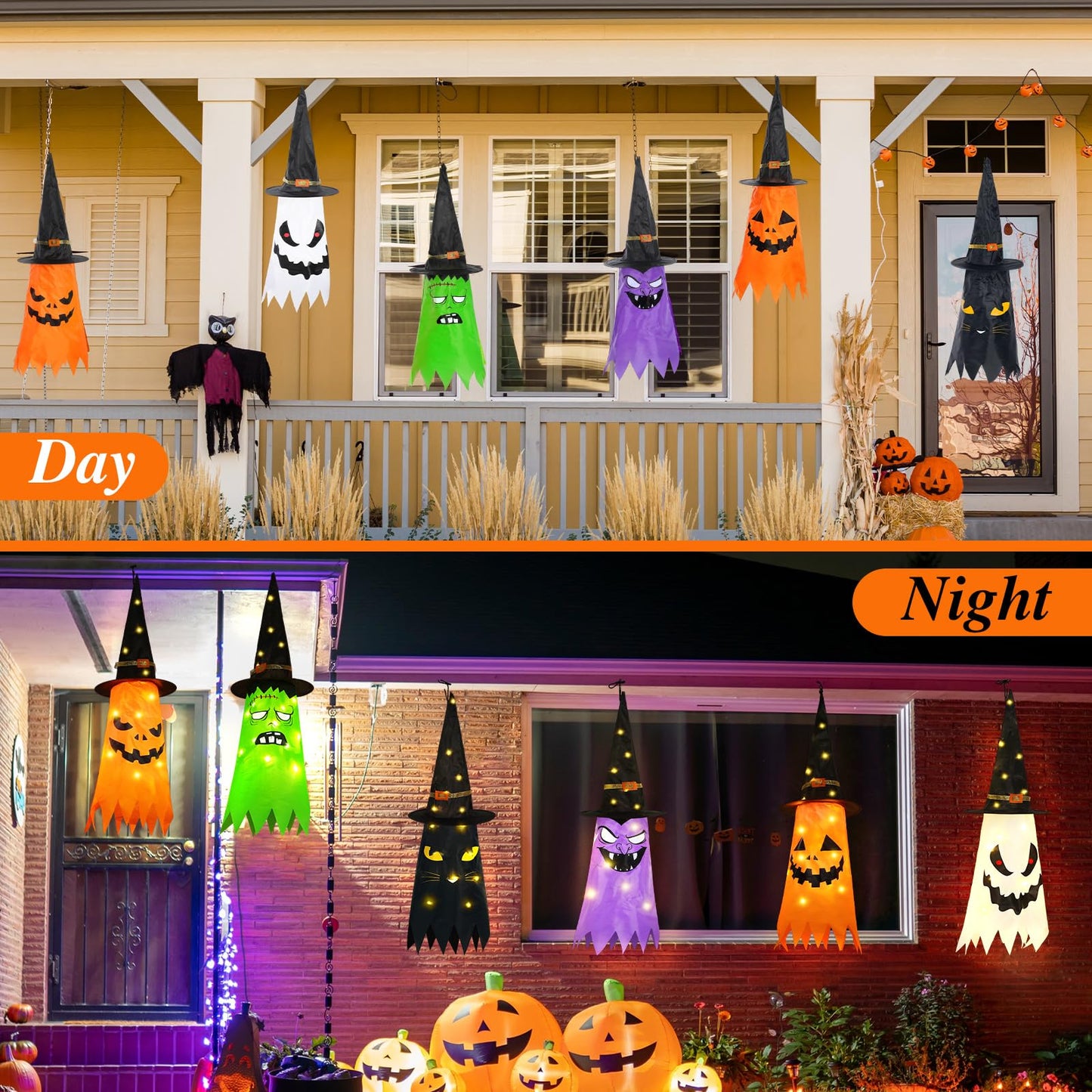 Qilery 6 PCS Hanging Witch Ghost Hats Decorations - Halloween Hanging Ghosts Decorations Outdoor - 31 Lighted Pumpkin, Cat, Mummy, Vampire, Zombie Theme for Yard Tree Porch Patio Garden Party