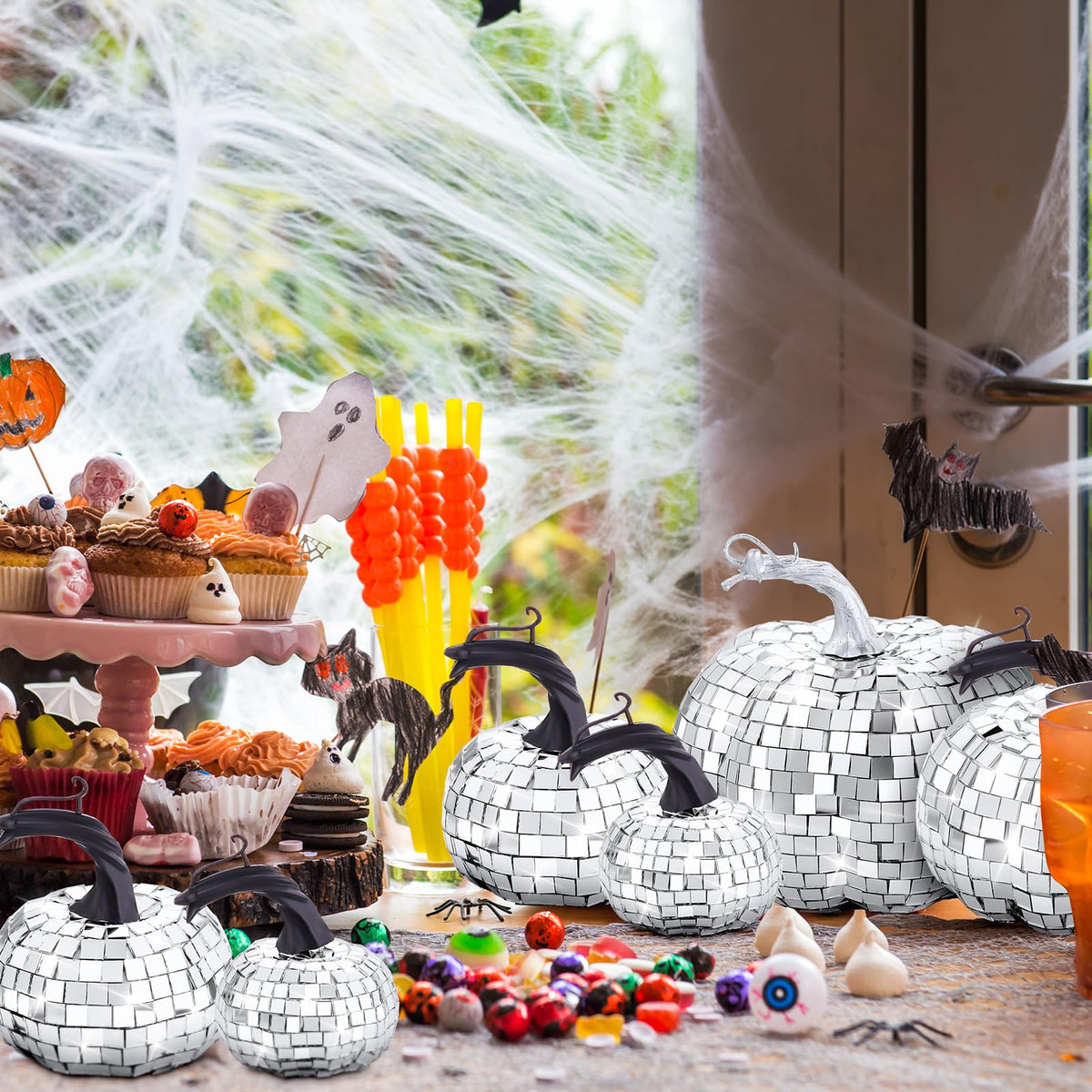 Lenwen 12 Pcs Artificial Disco Pumpkin Glitter Mirror Pumpkin for Decorating Fall Farmhouse Hanging Ornament Harvest Decor for Halloween Thanksgiving Table Centerpiece(Sliver)