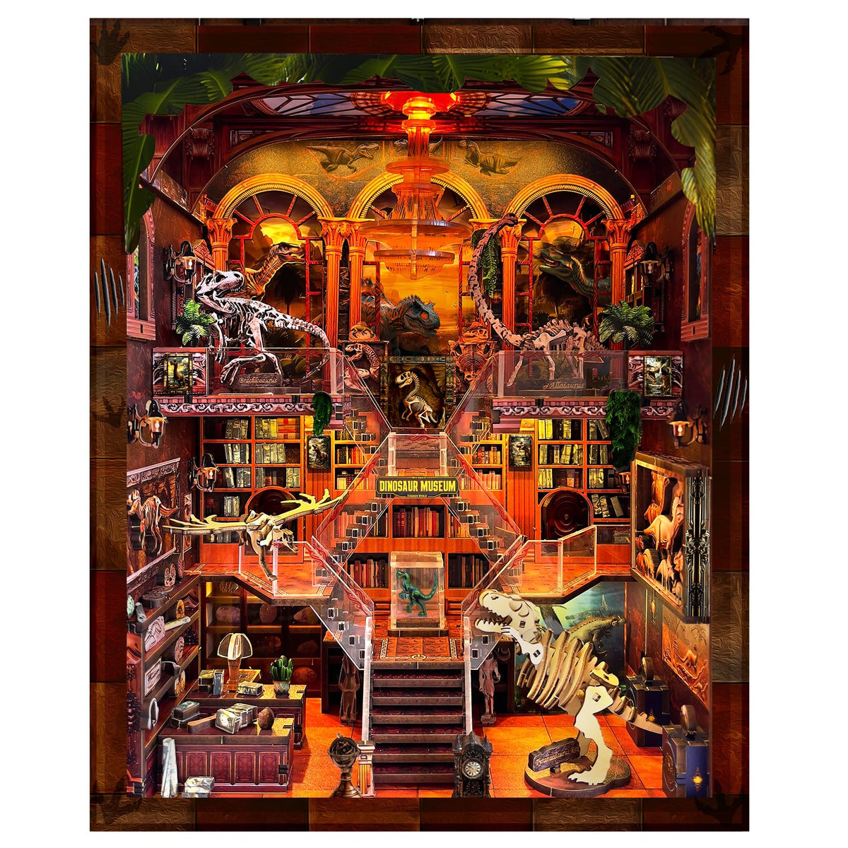 VORATHIS DIY Wooden Puzzle with Night Light, Miniature House Kits, Stunning Bookshelf Insert Decor, Ideal Gift for Holidays, Birthdays, and Home Library Decoration(Dinosaur Museum)