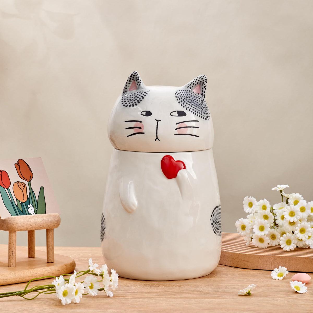 Bico Cartoon Cat Handpainted Stoneware Air Tight White 10.2 inch Cookie Jar, Dishwasher Safe, for storing Cookie, Candy, Coffee