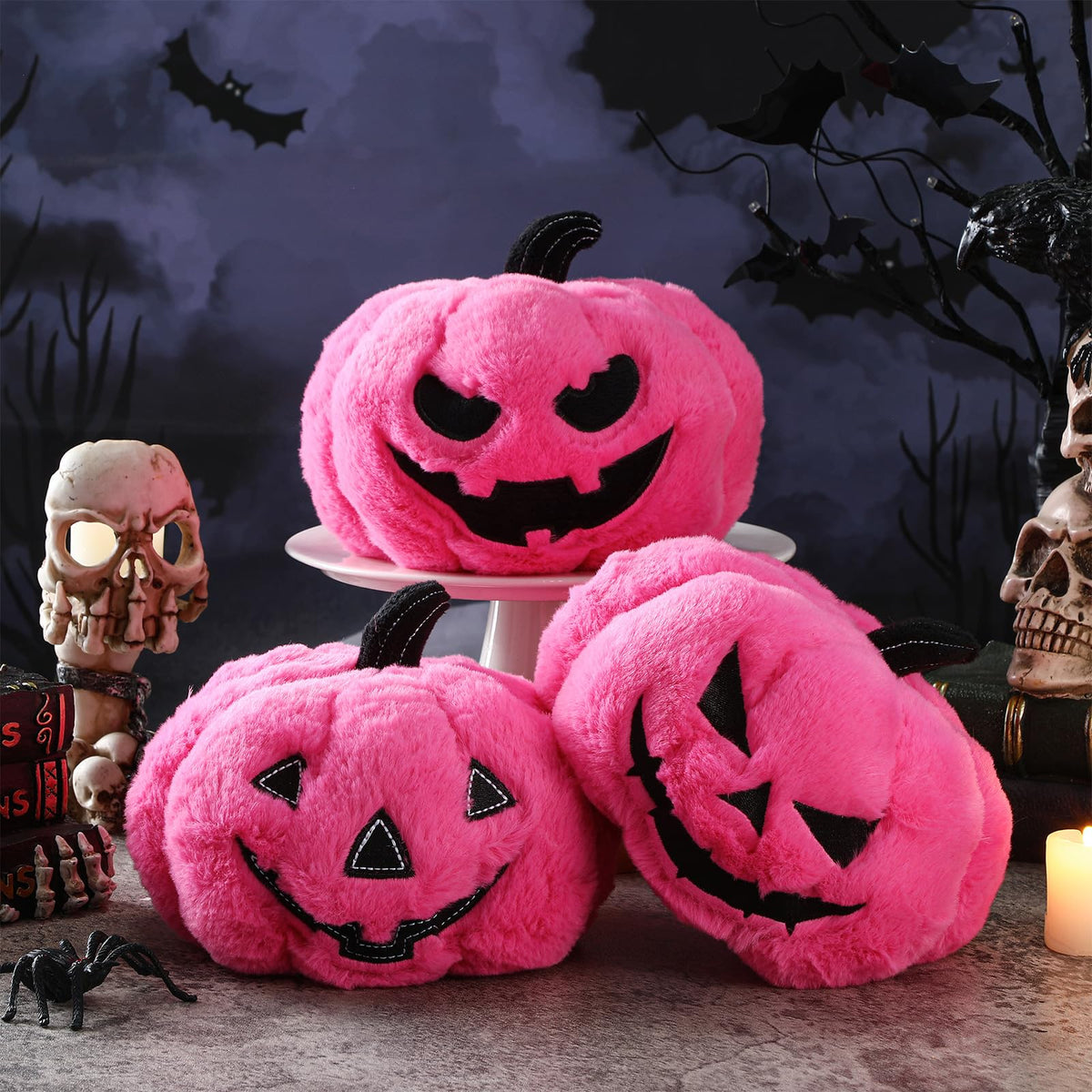 Yuntau 3 Pcs Halloween Pink Pumpkin Pillows Ghost Plush Stuffed Pumpkin Sofa Throw Pillow Cushion for Halloween Home Car Bedroom Sofa Decor 7.87 Inch