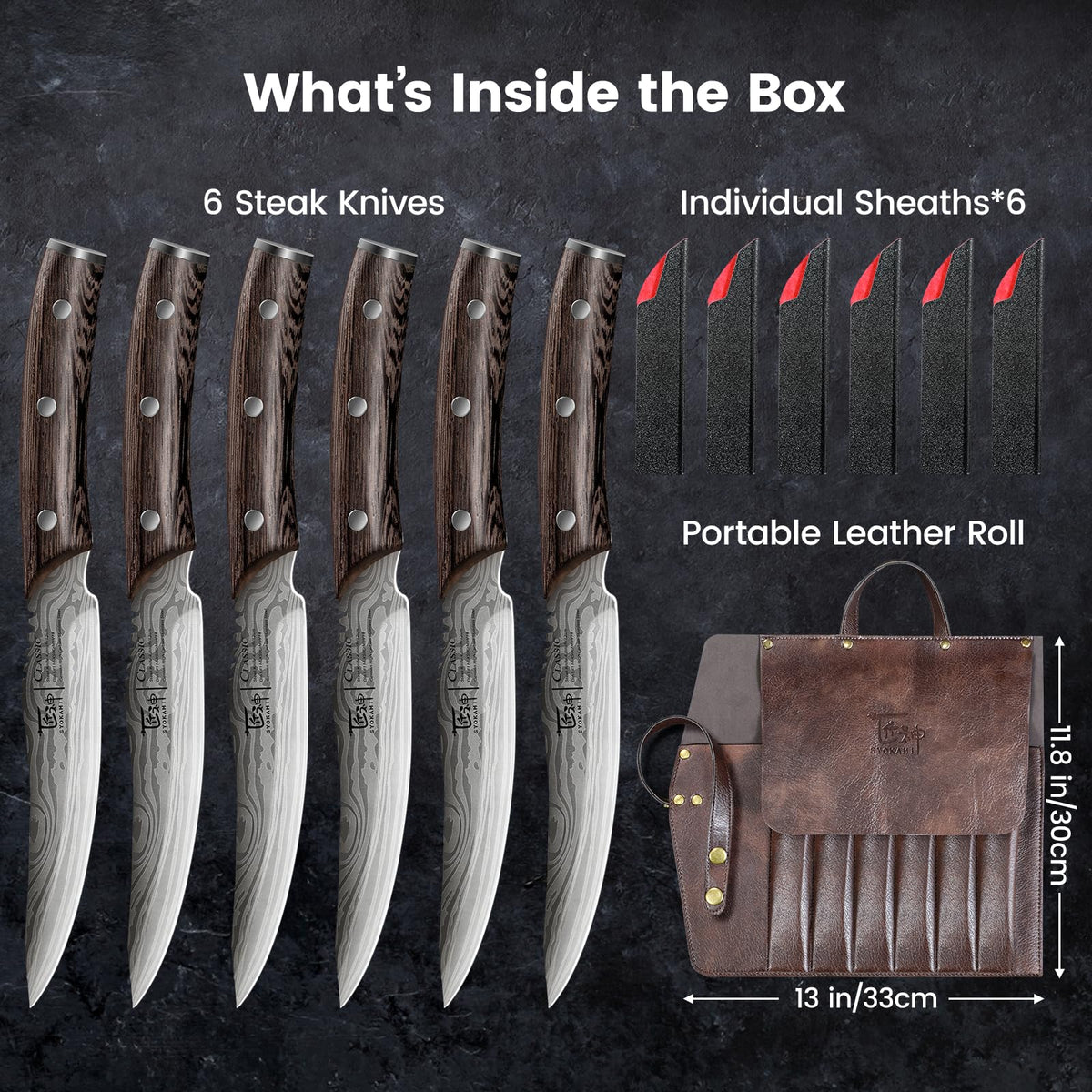 SYOKAMI Steak Knives Set of 6 with Portable Leather Roll & Individual Sheaths, 4.8 Inch Non Serrated Dinner Knives, High Carbon Stainless Steel, Full Tang Wood Handle, Gift Box for BBQ Outdoor Dining