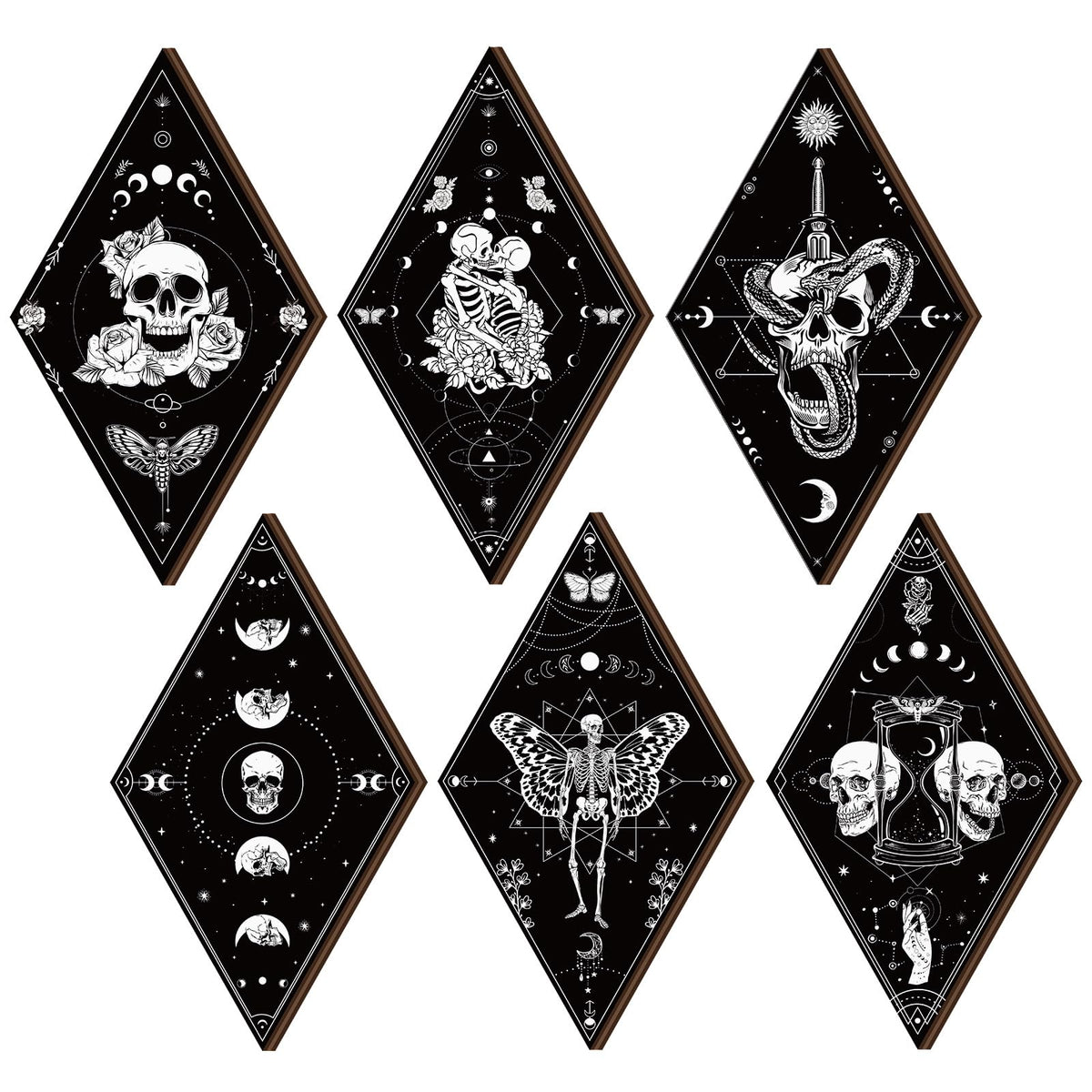 Huwena 6 Pack Gothic Wall Decor for Bedroom Living Room Dark Boho Skull Moon Snake Sun Phase Wooden Hanging Art