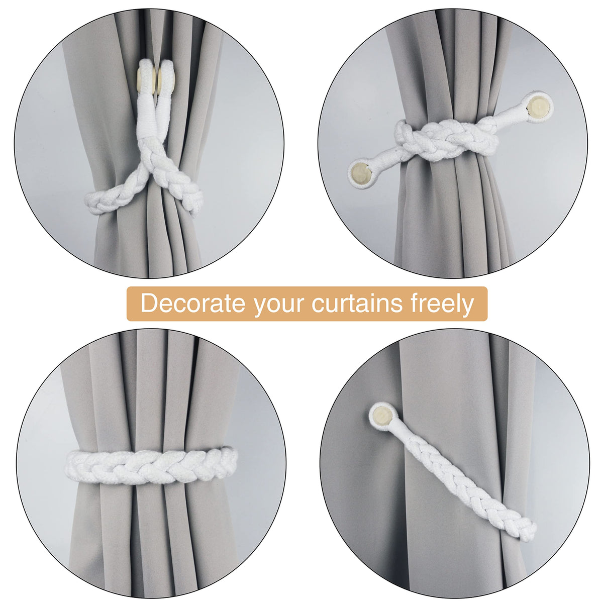 Porlau 4 Pack White Magnetic Soft Curtain Tiebacks Cotton Hand-Woven Tieback Holdback Home Decorative Tie Backs with Wooden Buckle for Home Office Decor