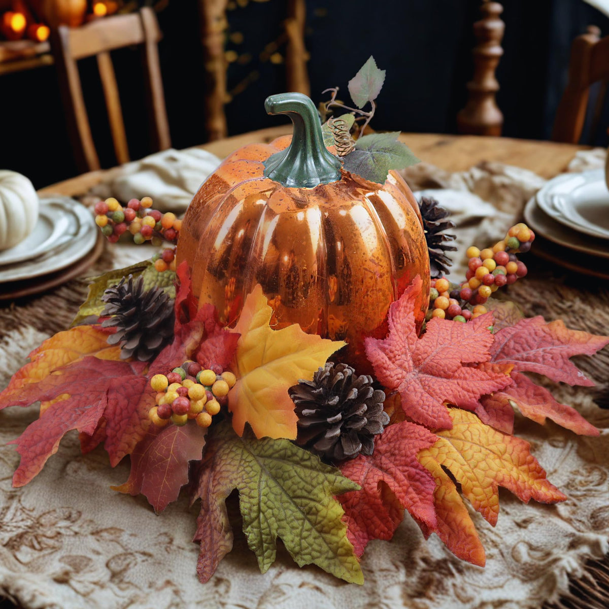 Lighted Pumpkin Fall Decor – LED Thanksgiving Decoration with Faux Maple Leaves, Berries, and Pinecones, Autumn Harvest Centerpiece for Table, Indoor and Outdoor Home Display