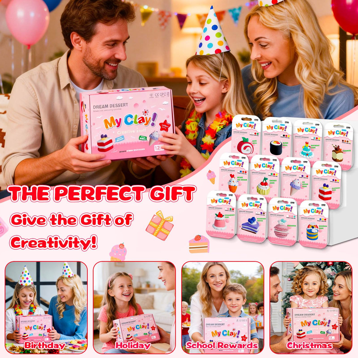 Kids Clay Air Dry Clay for Kids - Air Drying Modeling & Sculpting Kit,DIY 12 Box Food Dessert Cake Theme Arts & Crafts Clay Set,Ultra Soft Non-Sticky Bulk Party Favors & Party Crafts for Girls & Boys