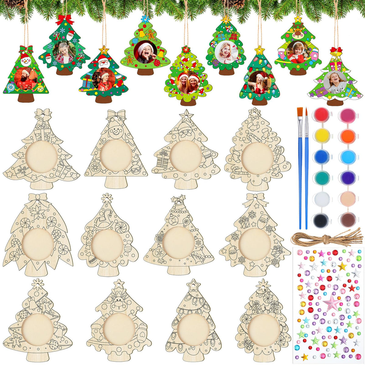 Qunclay 12 Pcs Unfinished Wood Christmas Picture Frame 12 Styles DIY Christmas Tree Photo Frame Wooden Ornaments with Paint Set for Xmas Tree Home Decoration