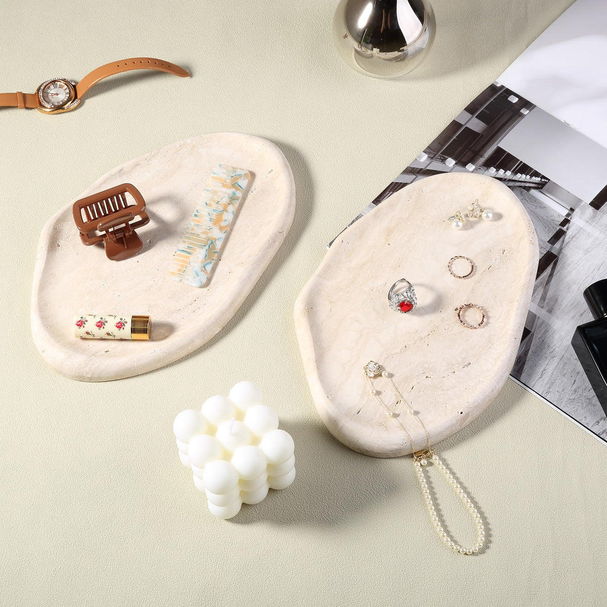 BCS Marble Jewelry Tray Trinket Dish, Decorative Cloud Vanity Key Tray for Women, Perfume Ring Holder Dish for Ring Earring, Cute Jewelry Plate Bowl Aesthetic Room Decor（Beige Travertine）