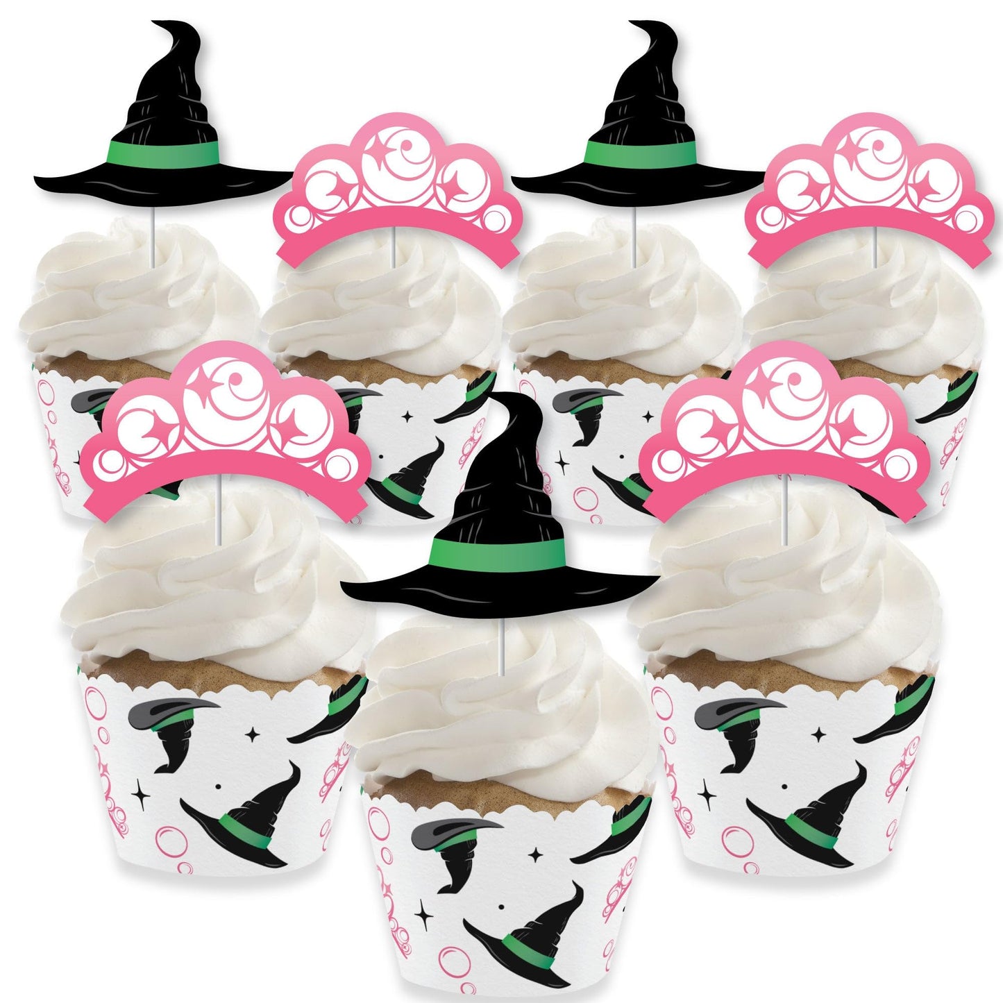 Big Dot of Happiness Witch Cupcake Decoration Kit, Good Pink and Green Birthday or Witch Halloween Party Cupcake Wrappers and Treat Picks - Set of 24