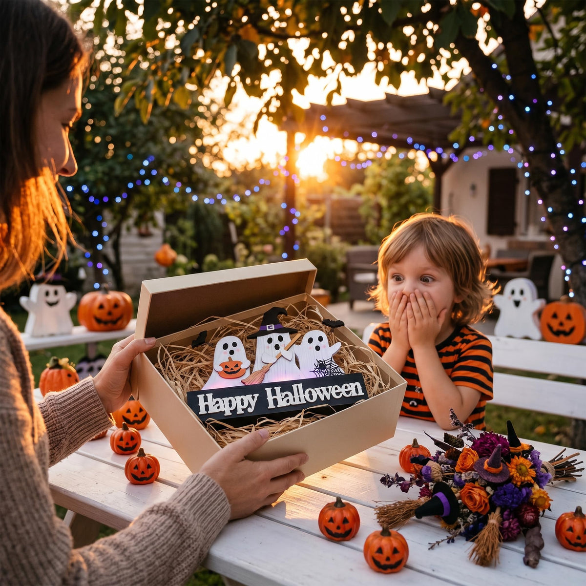 Valery Madelyn Halloween Decorations with Purple LED Lights, Lighted Halloween Ghost Decor, Tabletop Sign with Witch Hat Broom Bats Jack O Lantern for Home Party Indoor, 12 Inch