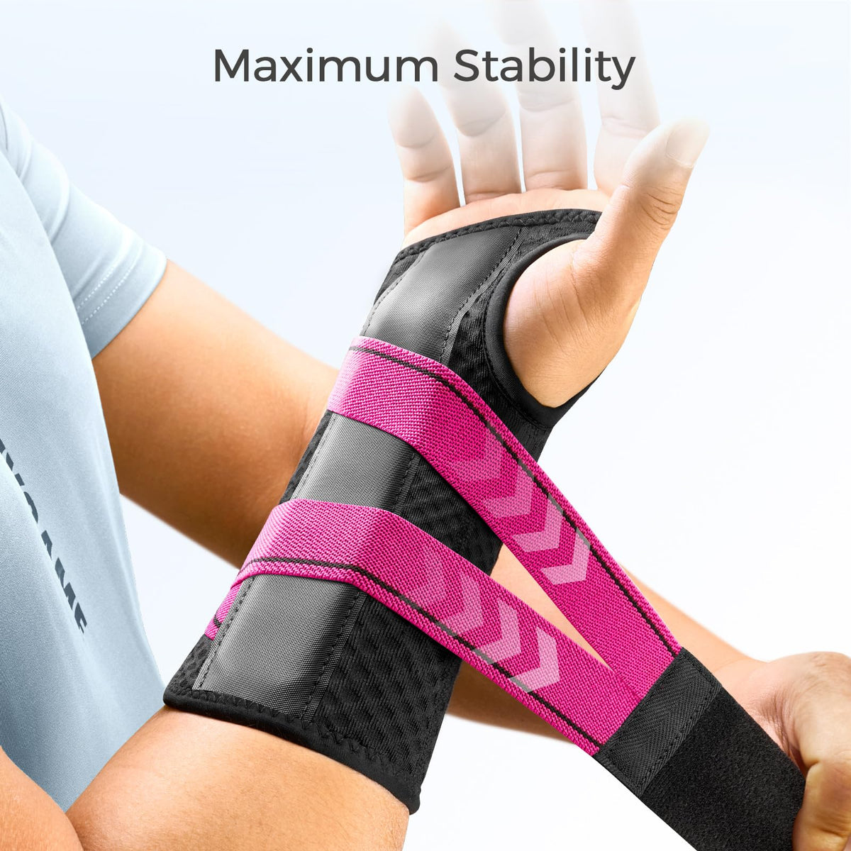 FREETOO Carpal Tunnel Wrist Brace Night Support Fit Right Hand for Work, Pain Relief Wrist Splint for Tendonitis, Sprain, Strain, Rigid Hand Brace for Arthritis for Women and Men (S/M, Black/Pink)
