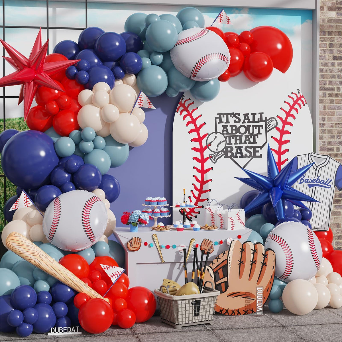 Baseball Balloon Garland Arch Kit,141pcs Red White Deep blue Twilight blue with 3D Baseball bat Star Balloons for Party Supplies