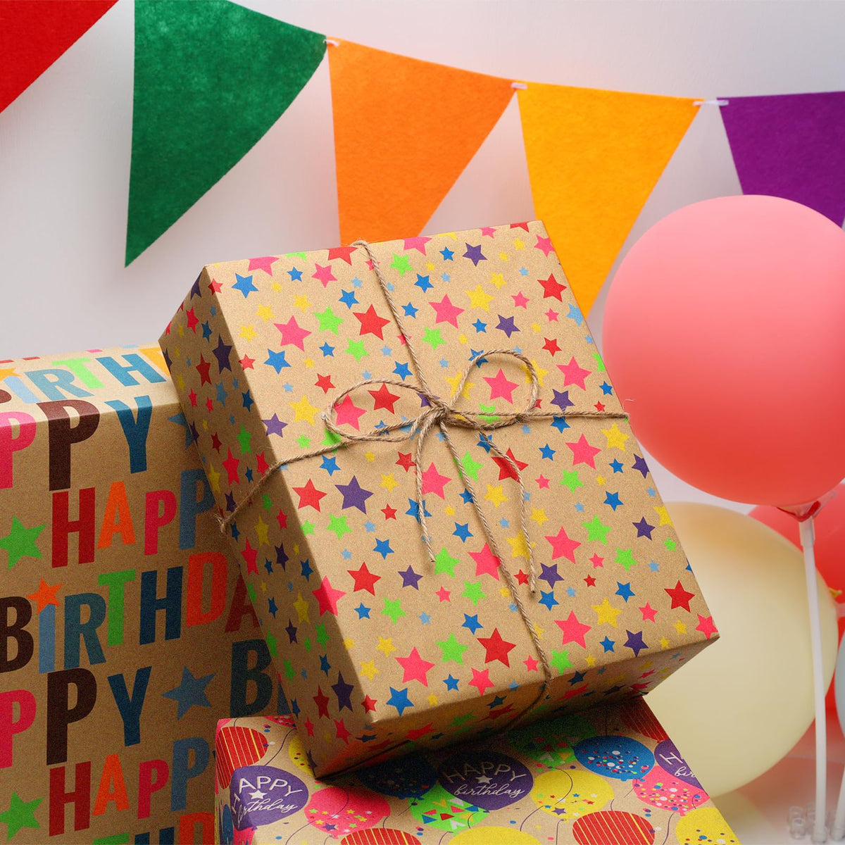 BIOBROWN Kraft Birthday Wrapping Paper, Colorful Gift Wrap with Text Happy Birthday Balloon Stripes Design for Kids, 17 inch X 120 inch Per Roll