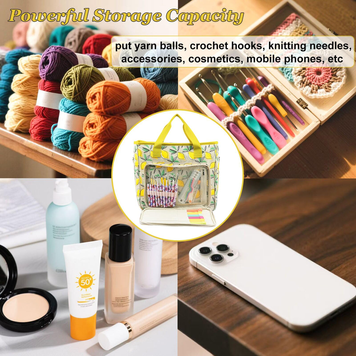 Mdoker Knitting Bags and Totes Organizers Large Crochet Bag Lightweight Yarn Bags for Travel Yarn Storage Organizers for Crochet Hooks,Yarn,Knitting & Crochet Supplies (Yellow Lemon)