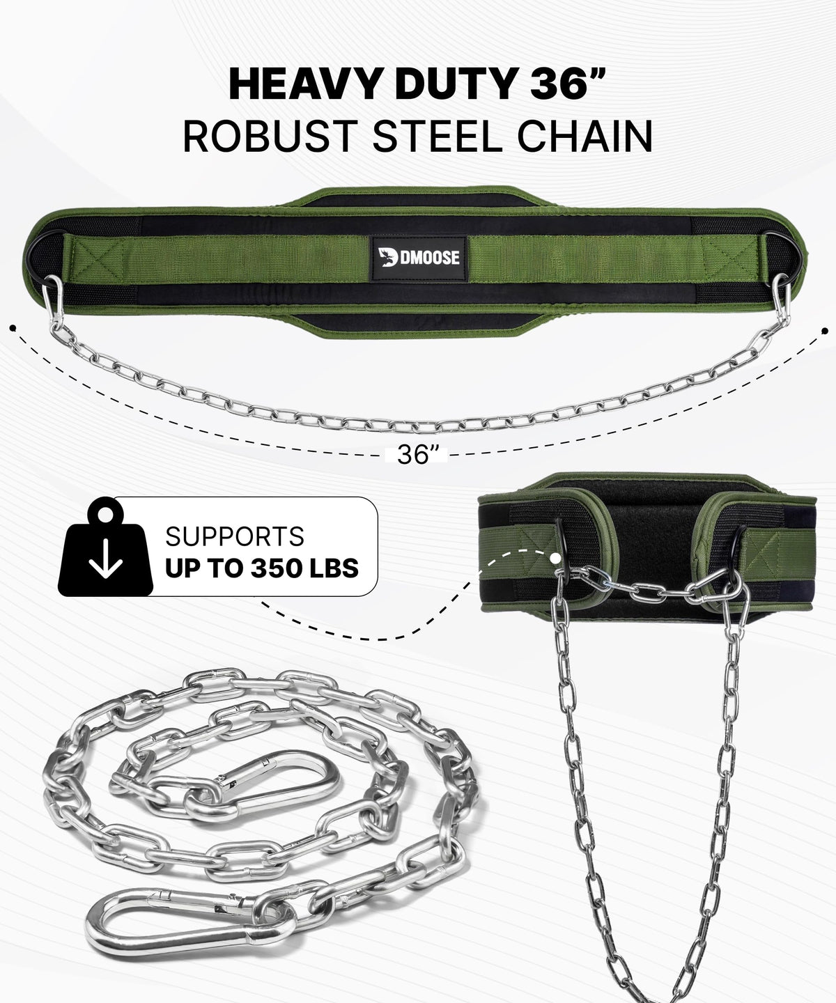 DMoose Fitness Dip Belt for Weight Lifting, Pullup, Squats & Dips - 36" Robust Steel Chain & Comfortable Neoprene Padding Supports 350lbs, Gym Weight Belt for Strength Training (Military Green)