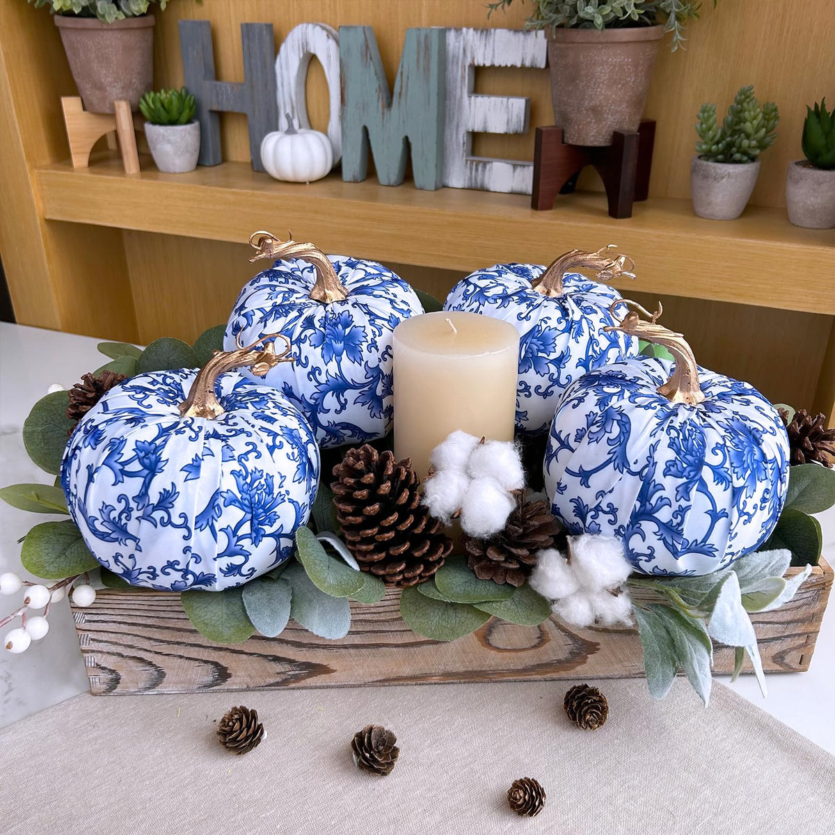 Winlyn 4 Pcs Faux Decorative Blue and White Fabric Pumpkins Chinoiserie Chic Pumpkins Foam Pumpkins for Gifts Farmhouse Thanksgiving Halloween Fall Wedding Table Centerpiece Mantel Bowl Decorations