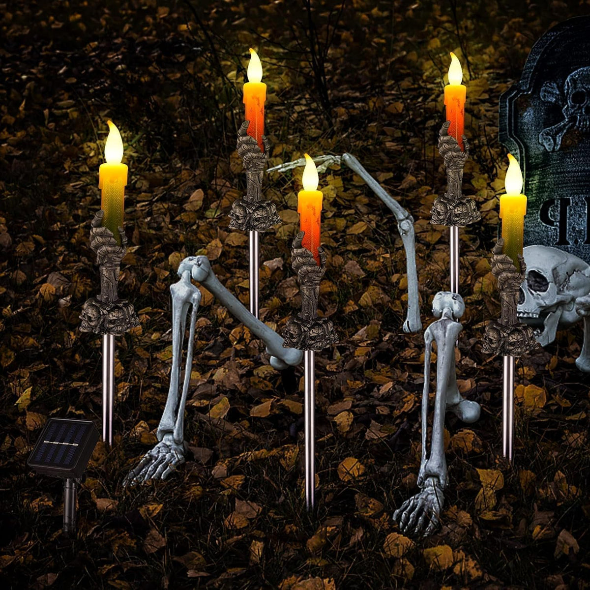 ILLUMINEW Halloween Pathway Lights, 5 Pack Candle Skull Hand Candle Holder, Waterproof Solar Halloween Led Lights, Indoor and Outdoor Party Home Garden Porch Decoration