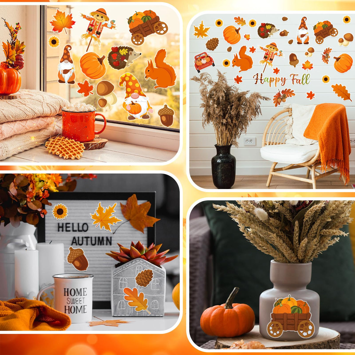 Motipuns 2 Sheet 64 Pcs Thanksgiving Gel Window Clings Fall Thick Gel Cling Removable Reusable Autumn Harvest Window Sticker Pumpkin Maple Leaves Gnome Decal for Glass Classroom Fall Party Decor