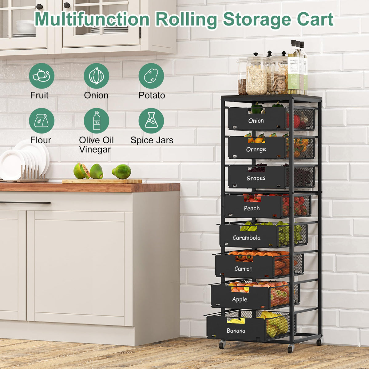 EasyPAG Rolling Storage Cart With 8 Drawers, Metal Craft Organizers And Storage Cart With Wood Tabletop, 30 Lbs Capacity Per Drawer For Home Office Classroom And Dorm, Black