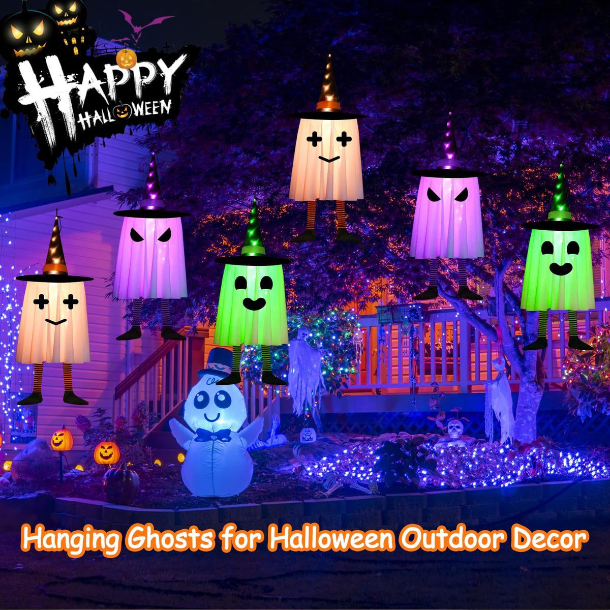 3 Pack Halloween Hanging Ghosts Halloween Decorations Outdoor, Lighted Glowing Ghosts Witch Hat with Orange Purple Green Lights, Light up Ghost for Home Yard Patio Tree