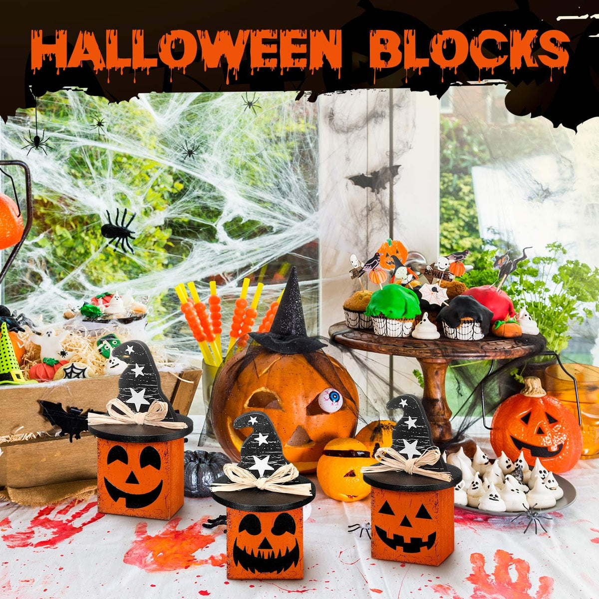Amyhill 3 Pcs Halloween Ghost Table Decor Pumpkin Witch Hat Wooden Sign Small Halloween Tiered Tray Decor Black and Orange Spooky Pumpkin Face Tabletop Centerpieces for Home Mantel Shelf Office Desk