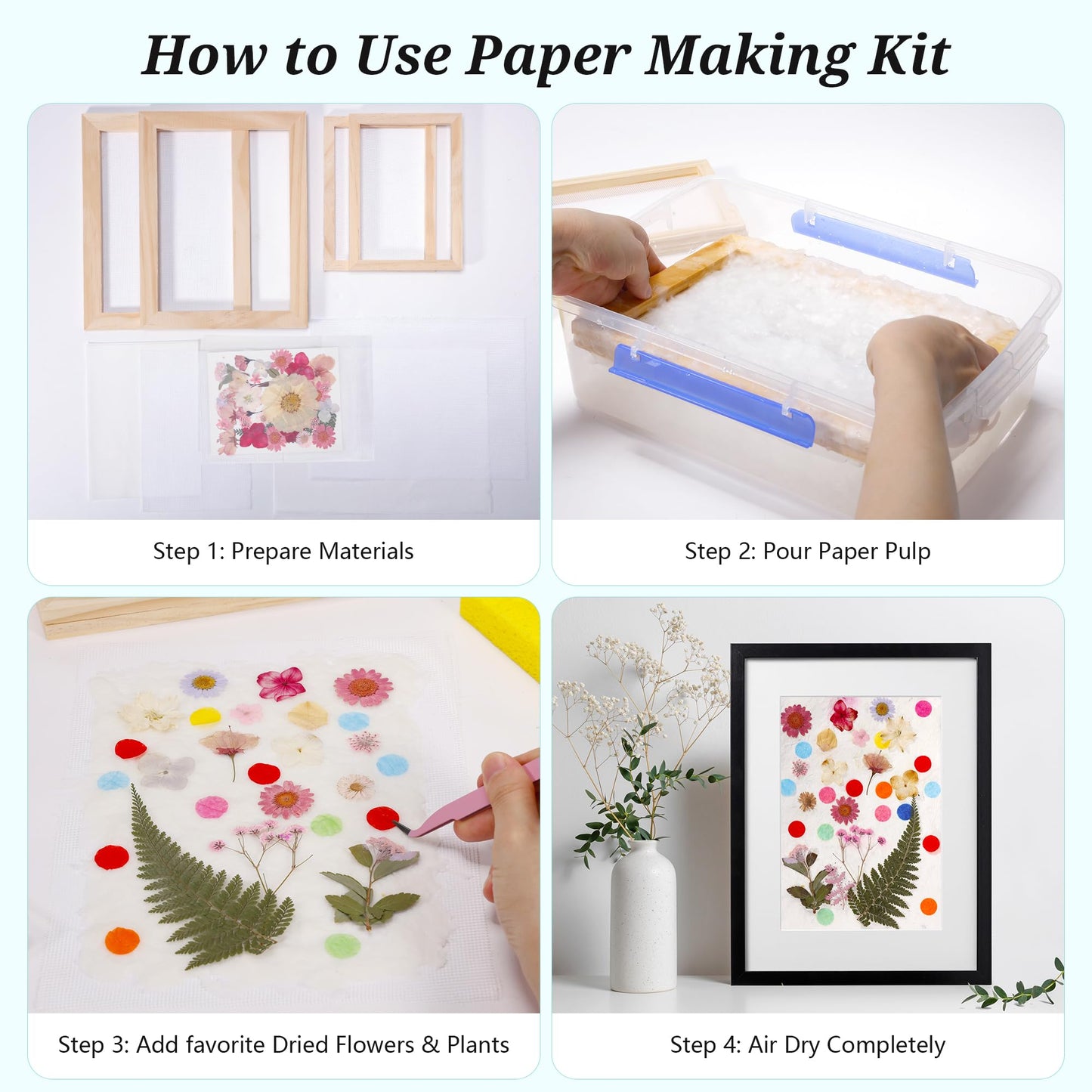 Aboofx Paper Making Kit, A4 Size Paper Making Screen Frame Kit, Wooden Mold and Deckle with Mesh, Absorbent Papers, Sponge and Confetti, DIY Handmade Papermaking Supplies Gift for Craft Lovers