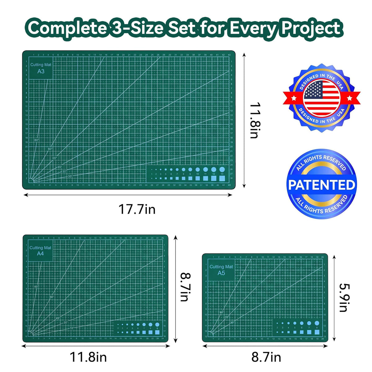3Pcs Self Healing Cutting Mat, Double-Sided Non-Slip Rotary Cutting Board for Rotary Cutting, Sewing, Quilting, Crafting, A3 A4 A5 Size (18x12, 12x9, 9x6 Inch),Green