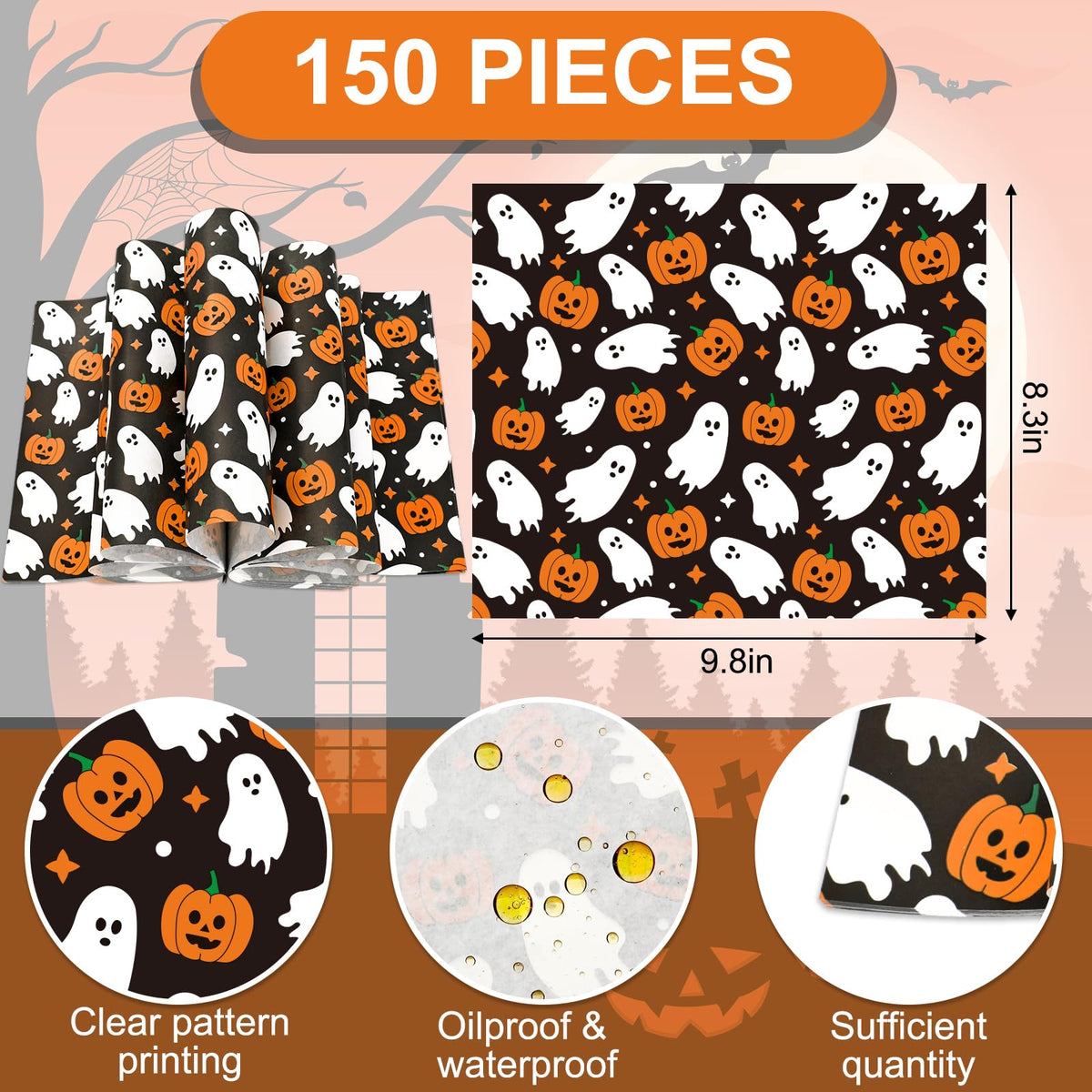 JarThenaAMCS 150Pcs Halloween Wax Paper Pumpkin Boo Ghost Deli Paper Black Sandwich Wrap Paper Tissue Waterproof Oil-Proof Picnic Liners for Party Kitchen Supplies, 9.8 x 8.3 Inch