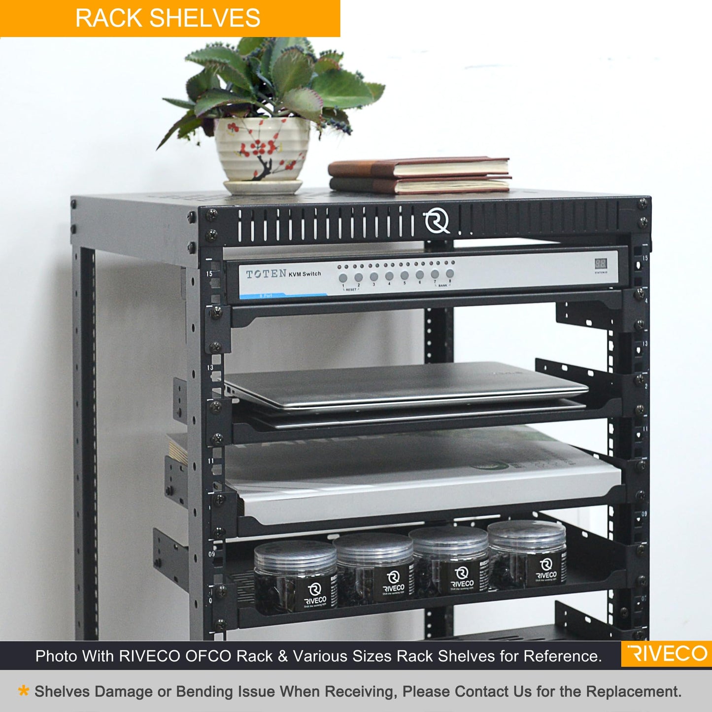 RIVECO 2 PCS 10” Rack Shelves for 19 inches Network Rack & Cabinets, 1U Rack Mount Shelf Vented Cantilever Tray, for Server, IT & Sound Equipment